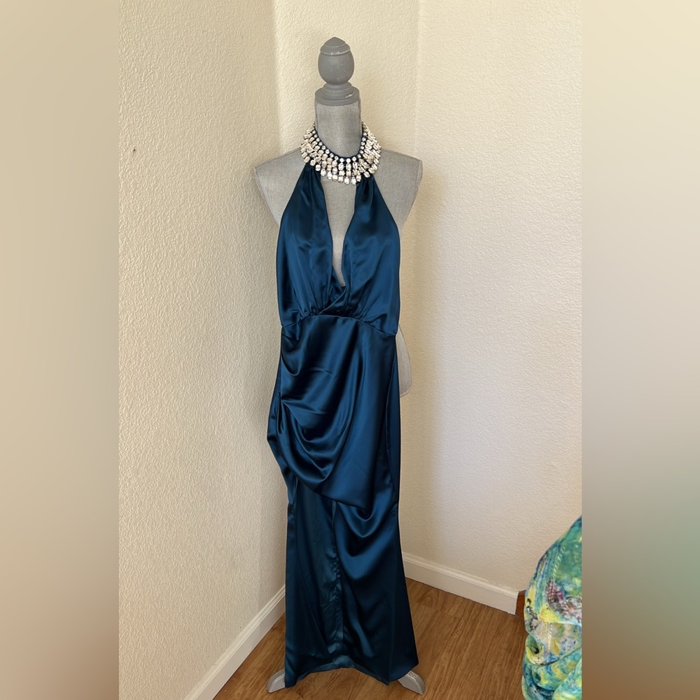 Elegant Teal Halter Neck Gown